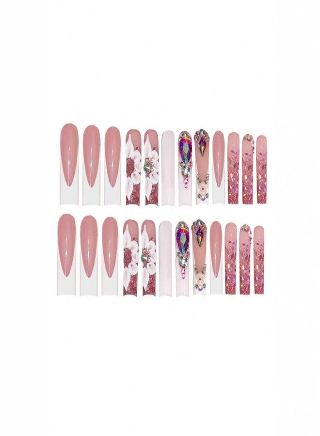 Maigitur White French Tips Press on Toenails Colorful Gem Press on Nails Long Square False Nails with Flower Charm Design Pearl Fake Toenails Glossy Spring Summer Fake Nails for Women Girls Manicure 48Pcs - Image 3